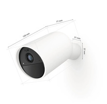 Caméra Philips Hue Secure : longueur 129 millimètres, largeur 77 millimètres, profondeur support 31 millimètres, diamètre 37 millimètres.