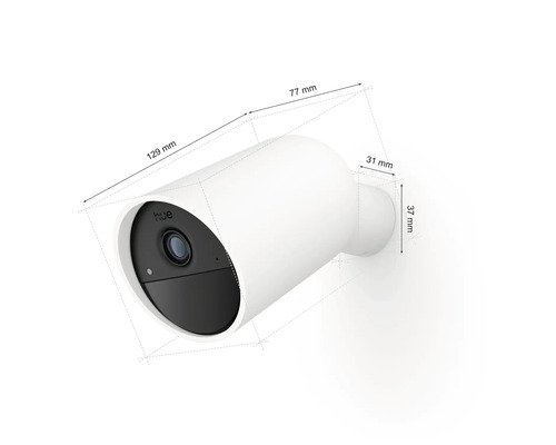 Caméra Philips Hue Secure : longueur 129 millimètres, largeur 77 millimètres, profondeur support 31 millimètres, diamètre 37 millimètres.