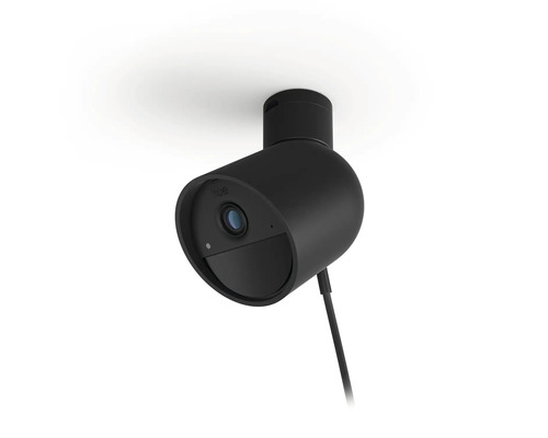 Caméra de surveillance filaire Philips Hue Secure en noir pour montage mural ou au plafond.
