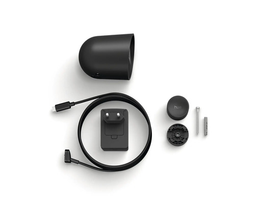 Caméra Philips Hue Secure avec adaptateur secteur, câble de charge USB, support magnétique, support mural, vis et cheville.
