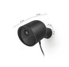 Caméra de surveillance filaire Philips Hue Secure noire avec dimensions : 91 millimètres de profondeur, 73 millimètres de diamètre.