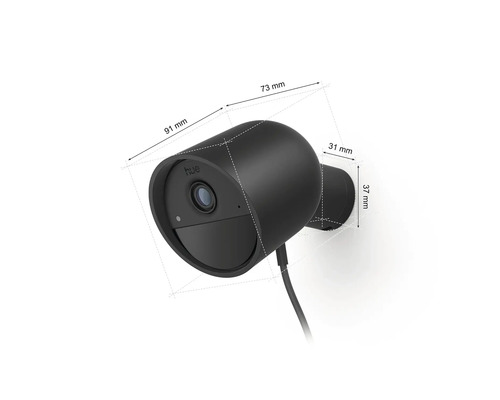 Caméra de surveillance filaire Philips Hue Secure noire avec dimensions : 91 millimètres de profondeur, 73 millimètres de diamètre.