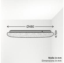 Masszeichnung einer runden Deckenleuchte mit einem Durchmesser von 480 Millimetern und einer Höhe von 70 Millimetern.