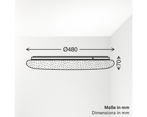 Masszeichnung einer runden Deckenleuchte mit einem Durchmesser von 480 Millimetern und einer Höhe von 70 Millimetern.