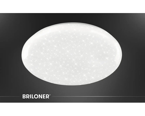 Runde LED-Deckenleuchte mit Sternenhimmel-Effekt. Briloner Logo.
