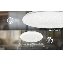 Briloner LED-Deckenleuchte mit Sternenhimmel-Effekt, über Wandschalter dimmbar in Stufen 100 Prozent, 50 Prozent und 10 Prozent. Briloner Logo.