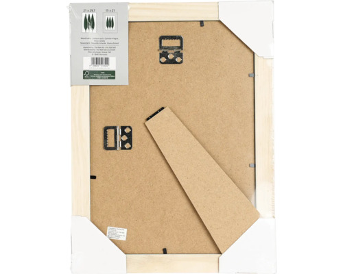 Rückseite eines Bilderrahmens aus Holz mit Aufstellfuß und zwei Aufhängern für Hochformat und Querformat.