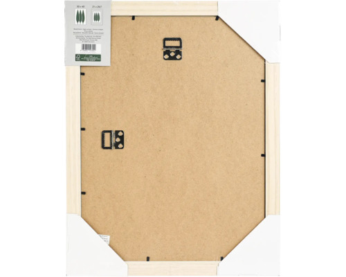 Rückseite eines Bilderrahmens aus FSC-zertifiziertem Holz mit zwei Metallaufhängern für Hoch- und Querformat.