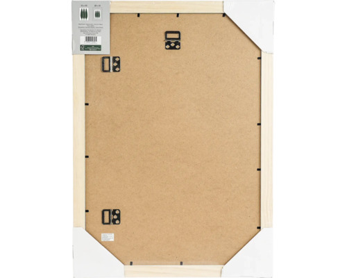 Rückseite eines Bilderrahmens aus Holz mit stabiler Rückwand und Metallaufhängern für Hochformat und Querformat.