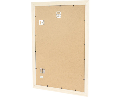 Rückseite eines Bilderrahmens aus Holz mit Metallaufhängern für Hochformat und Querformat sowie MDF-Rückwand.