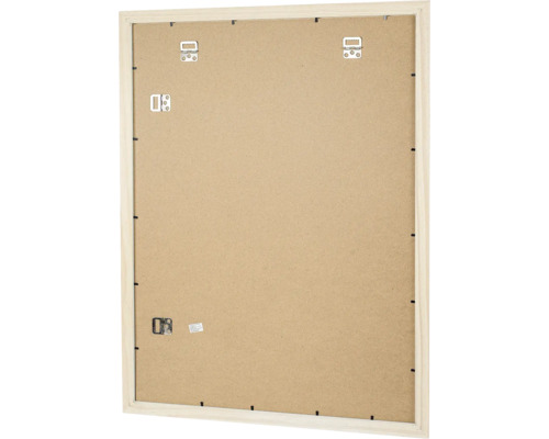Rückseite eines Bilderrahmens aus Holz mit MDF-Rückwand und Metallaufhängern für Quer- und Hochformat.