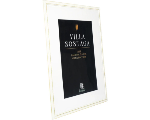 Bilderrahmen mit Passepartout und Villa Sostaga Poster, weiß mit Goldkante.