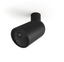 Caméra de sécurité filaire Philips Hue Secure en noir avec support réglable.