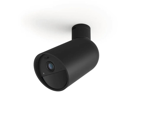 Caméra de sécurité filaire Philips Hue Secure en noir avec support réglable.