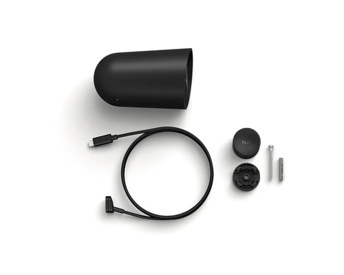 Kit d'accessoires Philips Hue comprenant un support mural, un câble de charge USB-C, une plaque de fixation, une vis et une cheville.