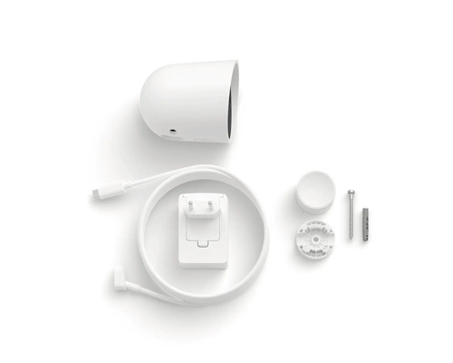 Kit de caméra de surveillance comprenant une caméra, un câble de charge, un adaptateur secteur, un support magnétique, une vis et une cheville.
