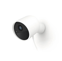 Caméra de surveillance Philips Hue Secure, filaire, boîtier blanc avec face avant noire.