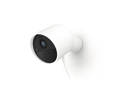 Caméra de surveillance Philips Hue Secure, filaire, boîtier blanc avec face avant noire.
