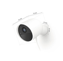 Caméra de sécurité Philips Hue blanche avec dimensions : longueur 91 millimètres, profondeur 73 millimètres, support 31 par 37 millimètres.