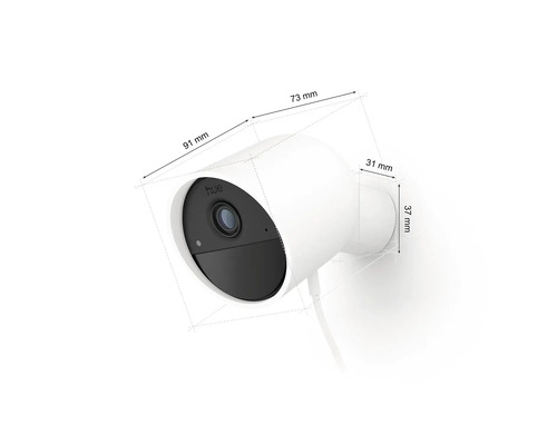 Caméra de sécurité Philips Hue blanche avec dimensions : longueur 91 millimètres, profondeur 73 millimètres, support 31 par 37 millimètres.