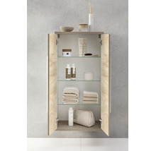 Armoire murale de salle de bains ouverte, aspect bois, avec étagères en verre, garnie de produits de soin et de serviettes.