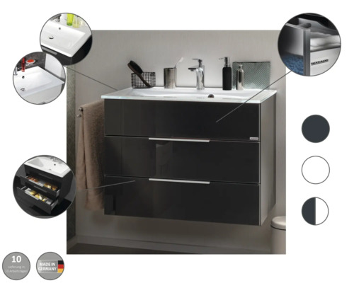 Meuble sous-vasque moderne en anthracite brillant avec vasque blanche et trois tiroirs, fabriqué en Allemagne.