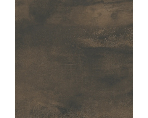 Dunkelbraune Fliese mit rustikaler, strukturierter Oberfläche und metallischer Oxidationsoptik.