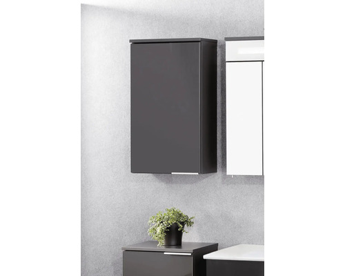 Armoire de salle de bain murale anthracite, design minimaliste avec poignée fine, montée au mur.