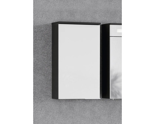 Moderner Bad-Seitenschrank zur Wandmontage mit weisser Front und dunklem Korpus.