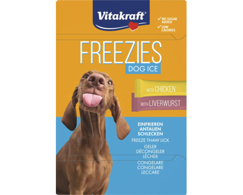 Vitakraft Logo, Freezies Hundeeis mit Hühnchen und Leberwurst, ohne Zuckerzusatz, kalorienarm, zum Einfrieren.
