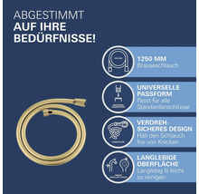 Goldfarbener Brauseschlauch 1250 Millimeter mit Universalanschluss, Twist-Stop Verdrehschutz und langlebiger Grohe Long-Life Oberfläche.