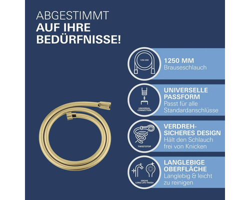 Goldfarbener Brauseschlauch 1250 Millimeter mit Universalanschluss, Twist-Stop Verdrehschutz und langlebiger Grohe Long-Life Oberfläche.