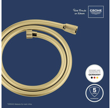 Grohe Duschschlauch in Goldoptik, entwickelt in Deutschland, 5 Jahre Garantie. Grohe Logo.