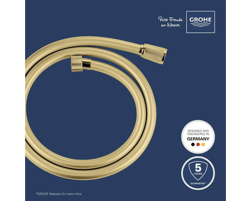 Grohe Duschschlauch in Goldoptik, entwickelt in Deutschland, 5 Jahre Garantie. Grohe Logo.