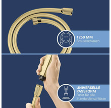 Goldener Brauseschlauch mit einer Länge von 1250 Millimeter und universeller Passform für alle Standardanschlüsse.