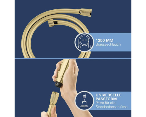 Goldener Brauseschlauch mit einer Länge von 1250 Millimeter und universeller Passform für alle Standardanschlüsse.