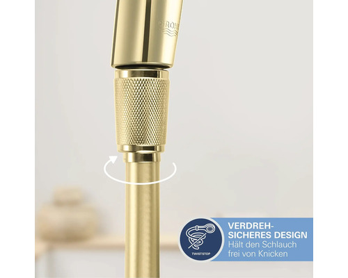 Grohe Brauseschlauchanschluss mit verdrehsicherem Design. Ein drehbarer Anschluss verhindert das Verdrehen und Knicken des Schlauchs. Grohe Logo.