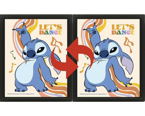 Image lenticulaire en trois dimensions dans un cadre noir avec le personnage Disney Stitch qui danse, texte Let s Dance et éléments rétro.