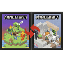 Set de cadres Minecraft avec deux cadres noirs et des posters réversibles de Steve, Alex et d'autres personnages.