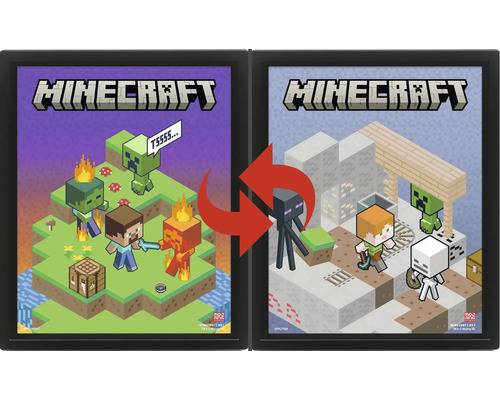 Set de cadres Minecraft avec deux cadres noirs et des posters réversibles de Steve, Alex et d'autres personnages.