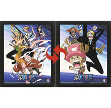 Poster lenticulaire One Piece dans un cadre noir avec effet de changement, montrant divers personnages et le One Piece Logo.