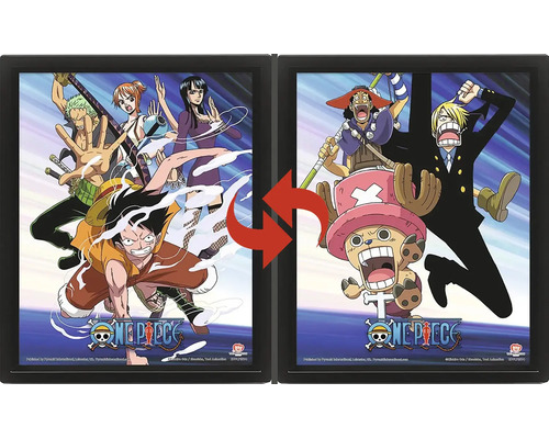 Poster lenticulaire One Piece dans un cadre noir avec effet de changement, montrant divers personnages et le One Piece Logo.