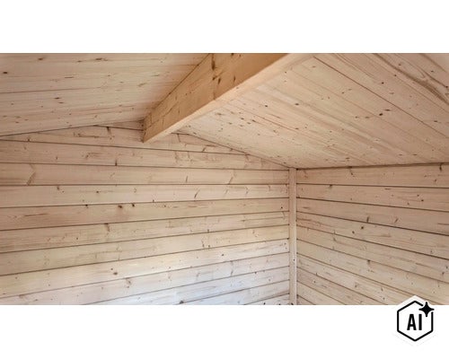 Innenansicht eines Gartenhauses aus unbehandeltem Massivholz mit sichtbaren Wandbohlen und Dachbalken. (Image AI modified or generated)