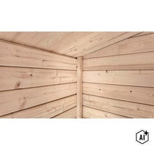 Coin de mur d une construction en bois avec des profilés en bois posés horizontalement et un poteau d angle. (Image AI modified or generated)