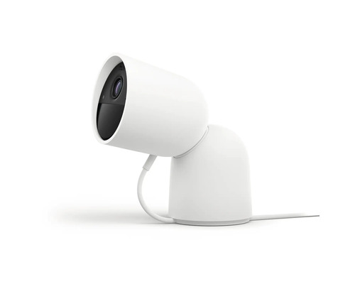 Caméra de surveillance filaire Philips Hue Secure avec support en blanc.