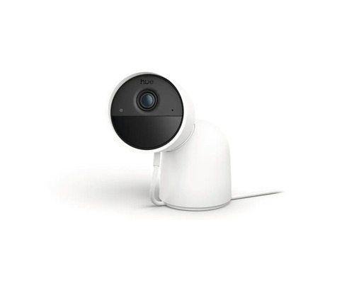 Caméra de surveillance filaire Philips Hue Secure blanche pour l'intérieur avec support.