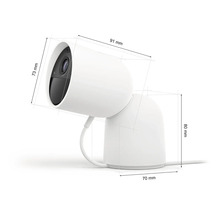 Caméra de surveillance blanche : 91 millimètres de long, 73 millimètres de diamètre, 80 millimètres de haut et 70 millimètres de large.