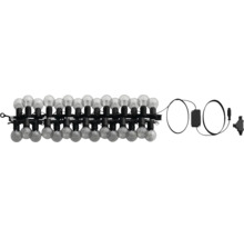 Guirlande lumineuse avec ampoules rondes, câble noir et transformateur pour extérieur.