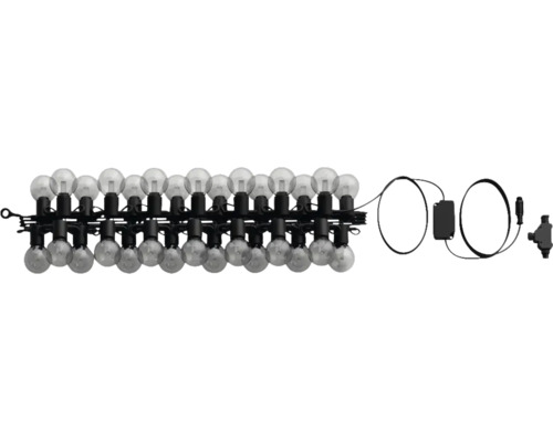 Guirlande lumineuse avec ampoules rondes, câble noir et transformateur pour extérieur.