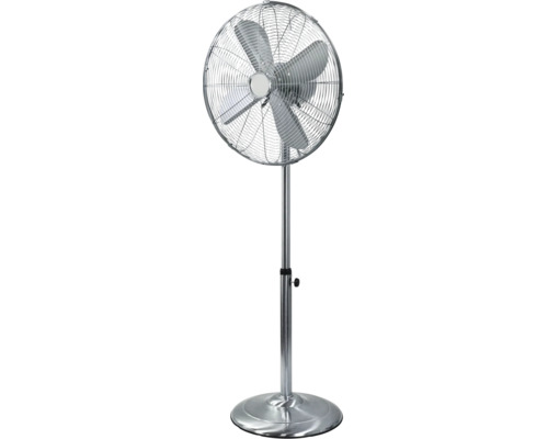 Höhenverstellbarer Standventilator aus Metall mit Schutzgitter und rundem Standfuß.